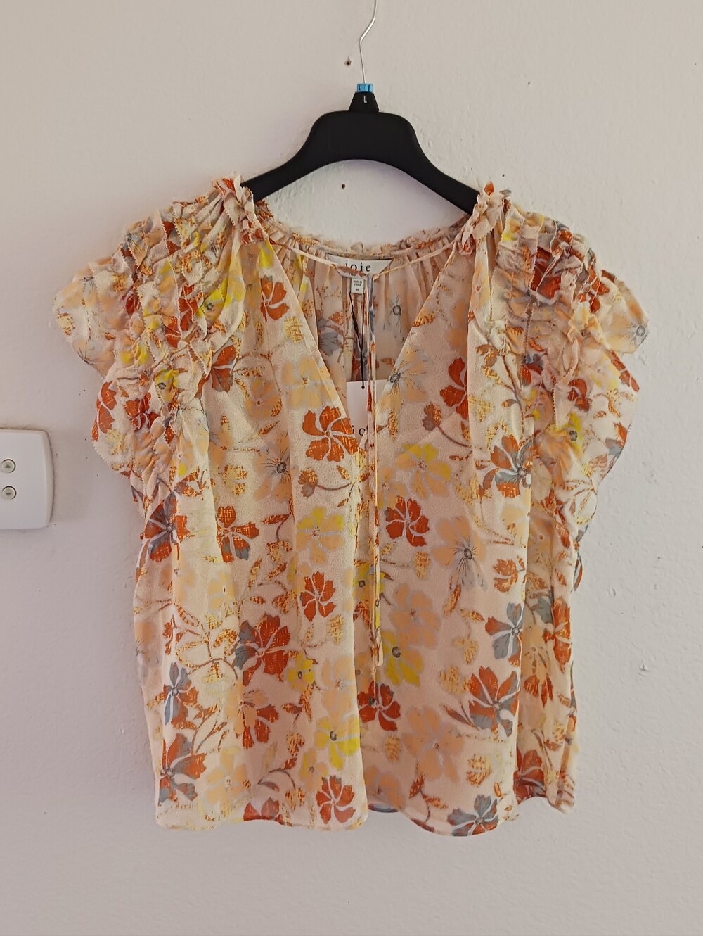 JOIE Floral Neck Tie Short Sleeve Silk‎ Top